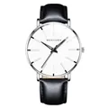 Minimalist quartz men's watch with white dial, silver case and black leather strap - White Dial Silver Case Black Strap