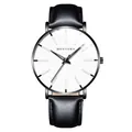 Minimalist men's watch with white dial, black leather strap, and dark metal case - White Dial Black Case Black Leather Strap