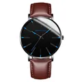 Mens quartz watch with dark brown leather strap and black dial featuring blue markers - Blue Hands Black Case Brown Leather Strap