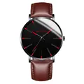 Minimalist quartz men's watch with black dial, red markers, and brown leather strap - Red Hands Black Case Brown Leather Strap