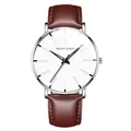 Minimalist men's quartz watch with brown leather strap and white dial in silver case - White Dial Silver Case Brown Leather Strap