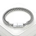 Silver stainless steel wheat chain bracelet for men with polished rectangular clasp - Silver