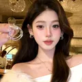 Elegant S925 silver needle pearl bow earrings with sparkling crystal accents and fine chain - Full Rhinestone Circle Drop Style (E7001 Silver) / Silver