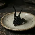 Gothic black ram skull ring with long curved horns in a matte vintage metal finish - Long-Horned Goat Skull (J429)