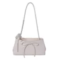 Creamy white shoulder bag with a leather bow and black polka dot silk ribbon - White
