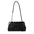 Elegant black PU leather shoulder bag with a bow accent and polka dot silk scarf handle - Black