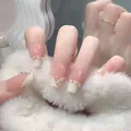 Short press-on nails with pink gradient and French white tips featuring pearl accents - Z509 Pearl Pink Rhythm / Nail Glue Version