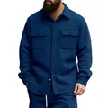 Close-up detail of dark blue fleece-lined men's jacket featuring dual buttoned chest pockets - Navy Blue