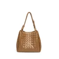 Brown hand-woven leather tote bag with metallic buckle and woven handle in caramel finish - Large / Pine Nut Brown