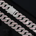 Silver 14mm rhombic Cuban link necklace with pink and white rhinestones for men - Silver Pink
