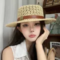 Women's wide brim straw sun hat with brown leather band and gold buckle for summer beach - Beige Flat Top Hat (D-0016)