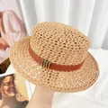 Straw sun hat in khaki featuring a decorative brown leather band with golden metal buckles - Khaki Flat Top Hat (D-0016)