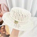Elegant white hand-woven summer straw hat with a golden buckle and leather strap - Off White Flat Top Hat (D-0016)