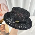 Women's black hand-woven straw sun hat with flat top and elegant gold buckle accents - Black Flat Top Hat (D-0016)