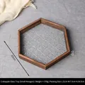 Small hexagonal vintage wood tray with floral patterned glass base for home decor - Begonia Glass Tray - Small Hexagon