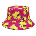 Detail of yellow duck pattern and reinforced stitching on bright pink bucket hat - M (56-58cm) / Rose Red Duck
