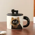 Cute ceramic cat mug in cream white with black lid and 3D kitten handle detail - Brown Cat