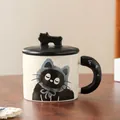 Cute ceramic cat coffee mug with black 3D cat handle lid and cartoon illustration - Blue Cat