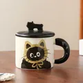 Ceramic cat mug with lid, black and white design with gold accents and 3D kitten handle - Yellow Cat Print