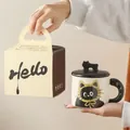 Cute black cat ceramic coffee mug with black lid and matching gift box packaging - Gift Box - Yellow Cat