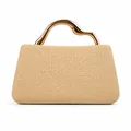 Detail of a woven straw handbag featuring a unique gold curved metallic handle for women - Champagne Woven