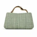 Detailed shot of light green woven PU bag featuring a curved gold metal handle - Yellow-Green Woven