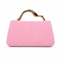 Detail of light pink woven handbag with stylish rose gold wavy metal handle for evening - Pink Woven