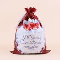 Close-up of red Christmas drawstring gift bag with Santa Claus cartoon and white ribbon - Santa Claus / 39x51cm