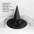 Detail view of black Halloween witch hat with mesh veil and faux rose decorations - One Size / Black