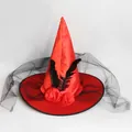 Detail of red satin witch hat with black feathers, roses and mesh veil for Halloween - One Size / Red