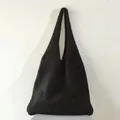Minimalist black knitted mesh shoulder bag with retro crochet hollow design - Hollow Mesh / 802 Black