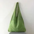 Grass green crochet knit tote bag with hollow mesh design for casual beach outings - Hollow Mesh / 802 Green