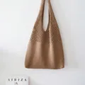 Minimalist khaki crochet tote bag with mesh hollow design and solid woven bottom - Hollow Mesh / 802 Brown