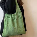 Vibrant green knit crochet tote bag with rhombus texture and mesh cutout design - Diamond Hollow / 801 Light Green