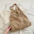 Beige crochet knit tote bag with vintage mesh hollow texture and sturdy woven handles - Diamond Hollow / 801 Khaki