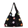 Handmade black crochet tote bag with colorful 3D knit floral patterns for holiday travel - 3D Small Flowers / 607 Floral Black