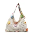 Beige crochet knit tote bag with colorful 3D floral details and openwork pattern - 3D Small Flowers / 607 Floral White