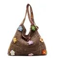 Brown crochet tote bag with colorful 3D knit flowers and hollow mesh knit design - 3D Small Flowers / 607 Floral Khaki