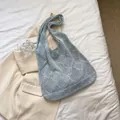 Minimalist light blue knitted crochet shoulder bag with hollow geometric patterns - Diamond Pattern / 2503 Light Blue