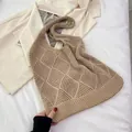Handmade hollow knit crochet shoulder bag in beige for vintage beach vacation style - Diamond Pattern / 2503 Khaki