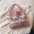 Pink knit hollow tote bag with XOXO pattern and white pearl accents for travel - Pearl Lettering / XO Pink