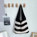 Knitted tote bag with classic black and white horizontal stripes in crochet style - Striped Woven / 888 Black & White