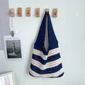 Navy and white striped crochet shoulder bag with knit texture for summer travel - Striped Woven / 888 Blue & White
