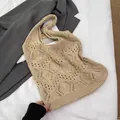 Minimalist beige crochet knit tote bag with boho hollow wave pattern on grey blazer - Hollow Pattern / tt01 Khaki