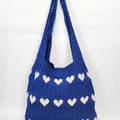 Blue knit shoulder bag with white heart patterns and a retro hollow mesh design - Heart Jacquard / Heart Blue