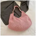 Chic pink knit mesh tote bag with openwork crochet design and wide shoulder strap - Hollow Hobo / 609 Pink