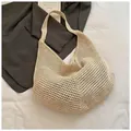 Minimalist cream knit shoulder bag with vintage crochet hollow texture for beach holidays - Hollow Hobo / 609 Apricot