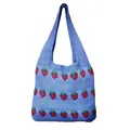 Knit shoulder bag featuring a light purple base with red strawberry jacquard pattern - Strawberry Pattern / Strawberry Blue