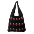 Black knitted shoulder bag with red strawberry pattern and woven texture finish - Strawberry Pattern / Strawberry Black