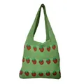 Green knit shoulder bag with red strawberry pattern in retro mesh crochet style - Strawberry Pattern / Strawberry Green